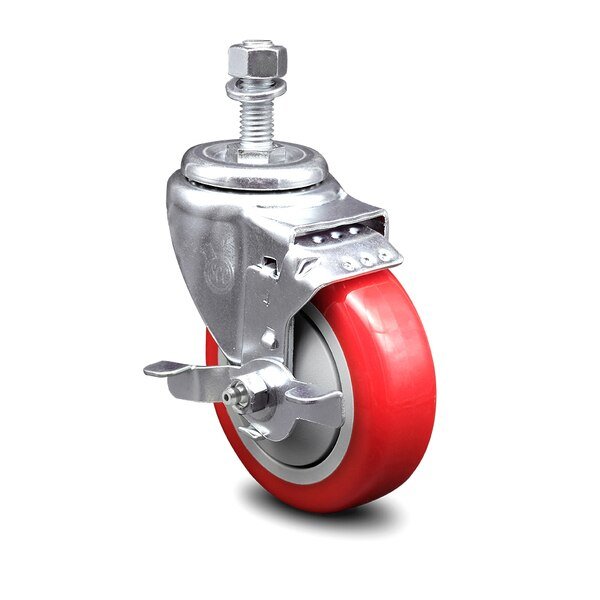 4 Inch Red Polyurethane Wheel Swivel ½ Inch Threaded Stem Caster with Brake, Service Caster, Mfr#: SCC-TS20S414-PPUB-RED-TLB-121315